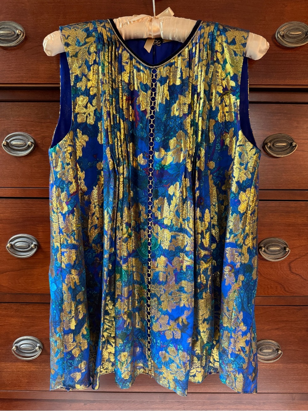 Elie Tahari Blue Gold Metallic Floral Silk Sleeveless Blouse Small